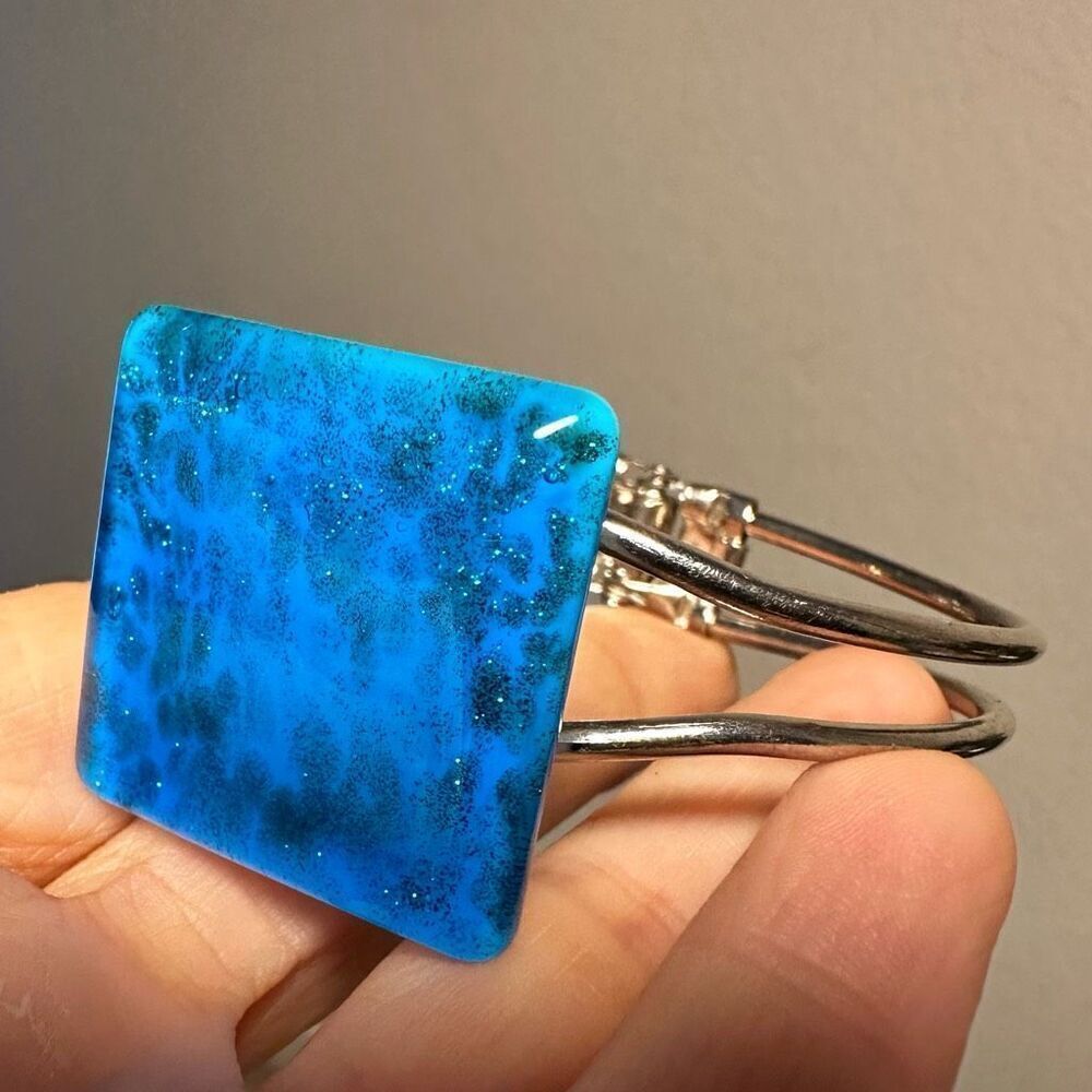 Square blue beaded hinged bangle bracelet